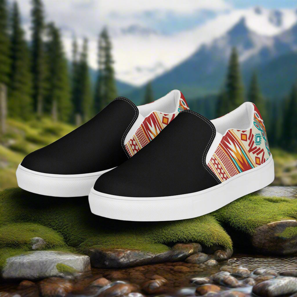 Women’s Southwest Print, Slip-on Canvas Shoes, Native American, Geometric Pattern, Nogales Two-Tone