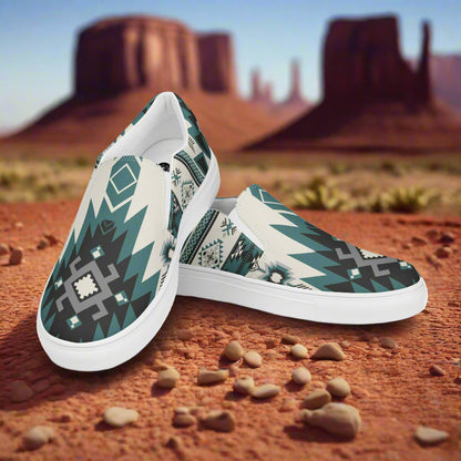 Women’s Southwest Print, Slip-on Canvas Shoes, Native American, Geometric Pattern, Green on White canvas