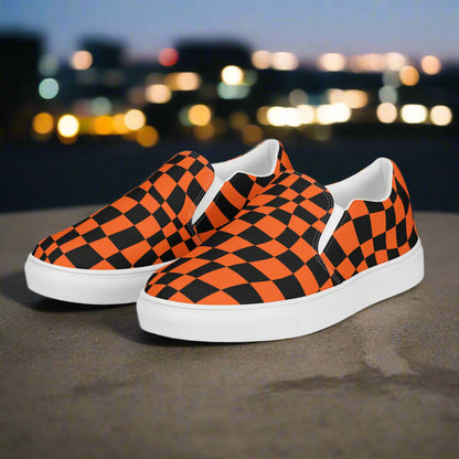 Women’s Custom Streetwear Style Designer Slip-On Canvas Sneakers, Orange and Black Checkered Pattern