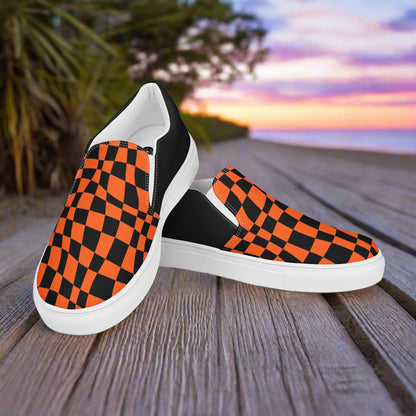 Women’s Custom Designer Slip-On Canvas Sneakers, Orange & Black Checkered, Halftone