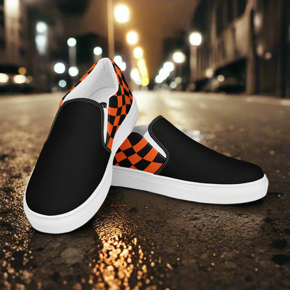 Women’s Custom Streetwear Style Designer Slip-On Canvas Sneakers, Orange and Black Checkered Two-Tone