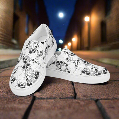Women’s Custom Streetwear Style Designer Slip-On Canvas Sneakers, White with black line Skulls 