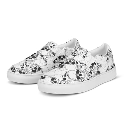 Women’s Custom Streetwear Style Designer Slip-On Canvas Sneakers, White Skulls, 