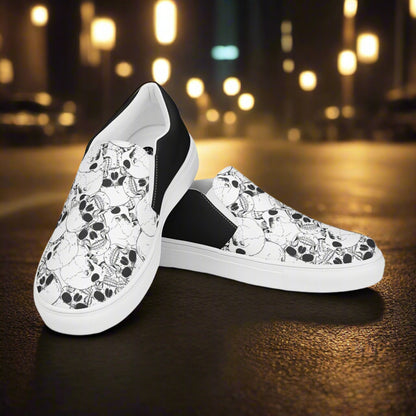 Women’s Custom Streetwear Style Designer Slip-On Canvas Sneakers, White With Black Line Skulls Halftone