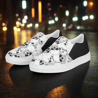 Women’s Custom Streetwear Style Designer Slip-On Canvas Sneakers, White With Black Line Skulls Halftone