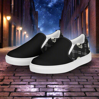 Women’s Custom Slip-on Canvas Shoes, Black Skull Print Sneakers, Two-Tone