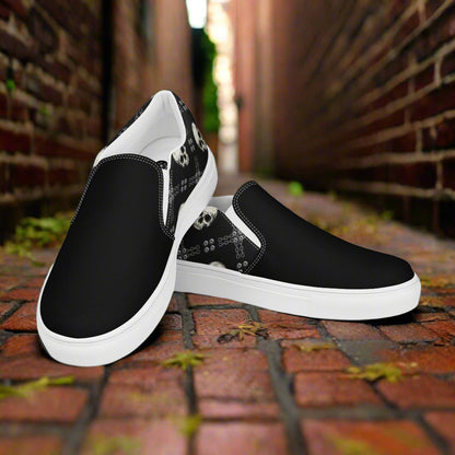 Women’s Custom Slip-on Canvas Shoes, Black Skull Print Sneakers, Two-Tone