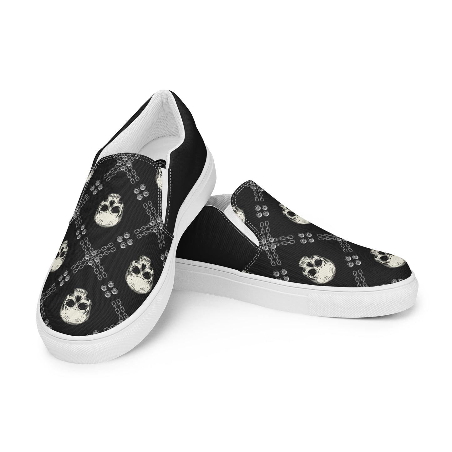 GeoMetro | Women’s Slip-On Canvas Shoes | Black Skulls Halftone