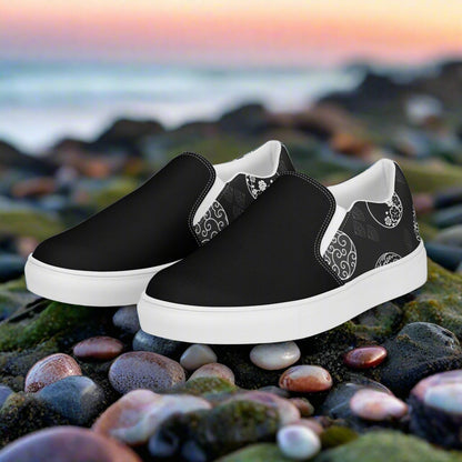 Women’s Custom Asian Print, Slip-on Canvas Shoes, Black with Japanese Traditional Crests, Two-Tone Pattern