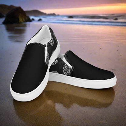 Women’s Custom Asian Print, Slip-on Canvas Shoes, Black with Japanese Traditional Crests, Two-Tone Pattern