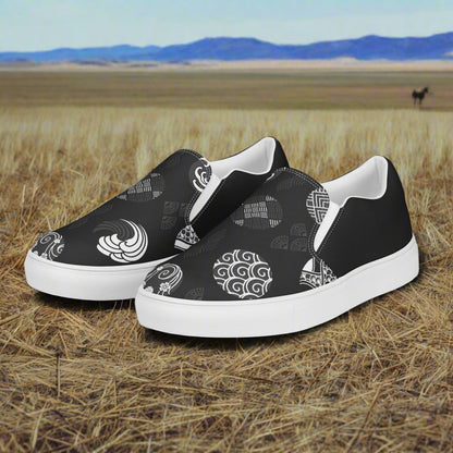 Women’s Custom Asian Print, Slip-on Canvas Shoes, Black with Japanese Seals, Two Tone Pattern