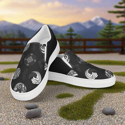 Women’s Custom Asian Print, Slip-on Canvas Shoes, Black with Japanese Seals, Two Tone Pattern