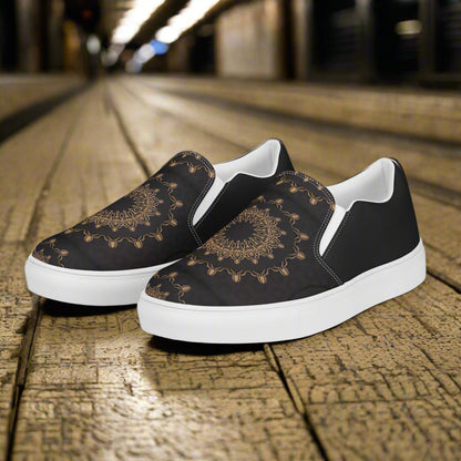 Women’s Custom, Slip-on, Canvas Shoes, Moroccan Mandala Pattern, Two Tone Halftone Design