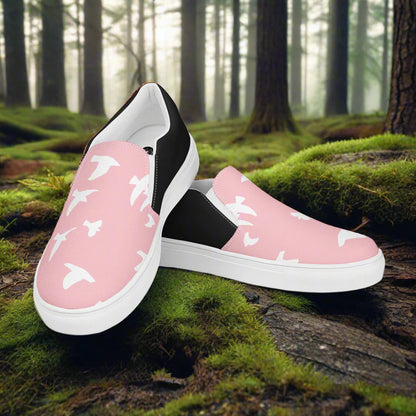 Women’s Custom Slip-on Animal Print Canvas Shoes, White birds on Pink, Halftone 