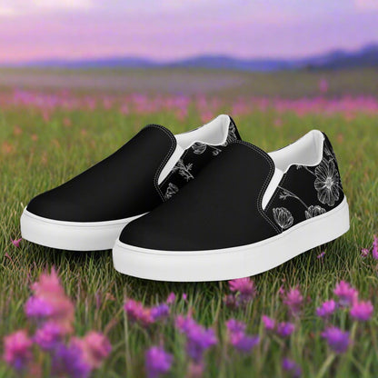 Women’sCustom Slip-on Canvas Shoes Floral Print Black Poppy Two-Tone
