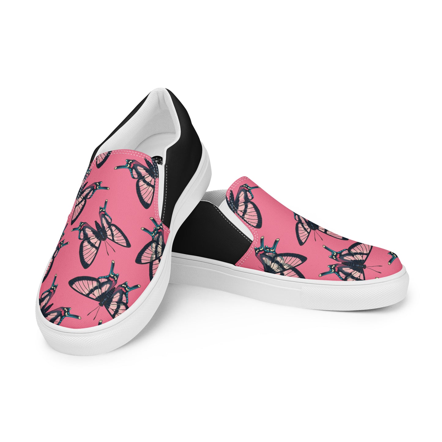 Eden Garden | Women’s Slip-on Canvas Shoes | Pink Black Butterflies Halftone