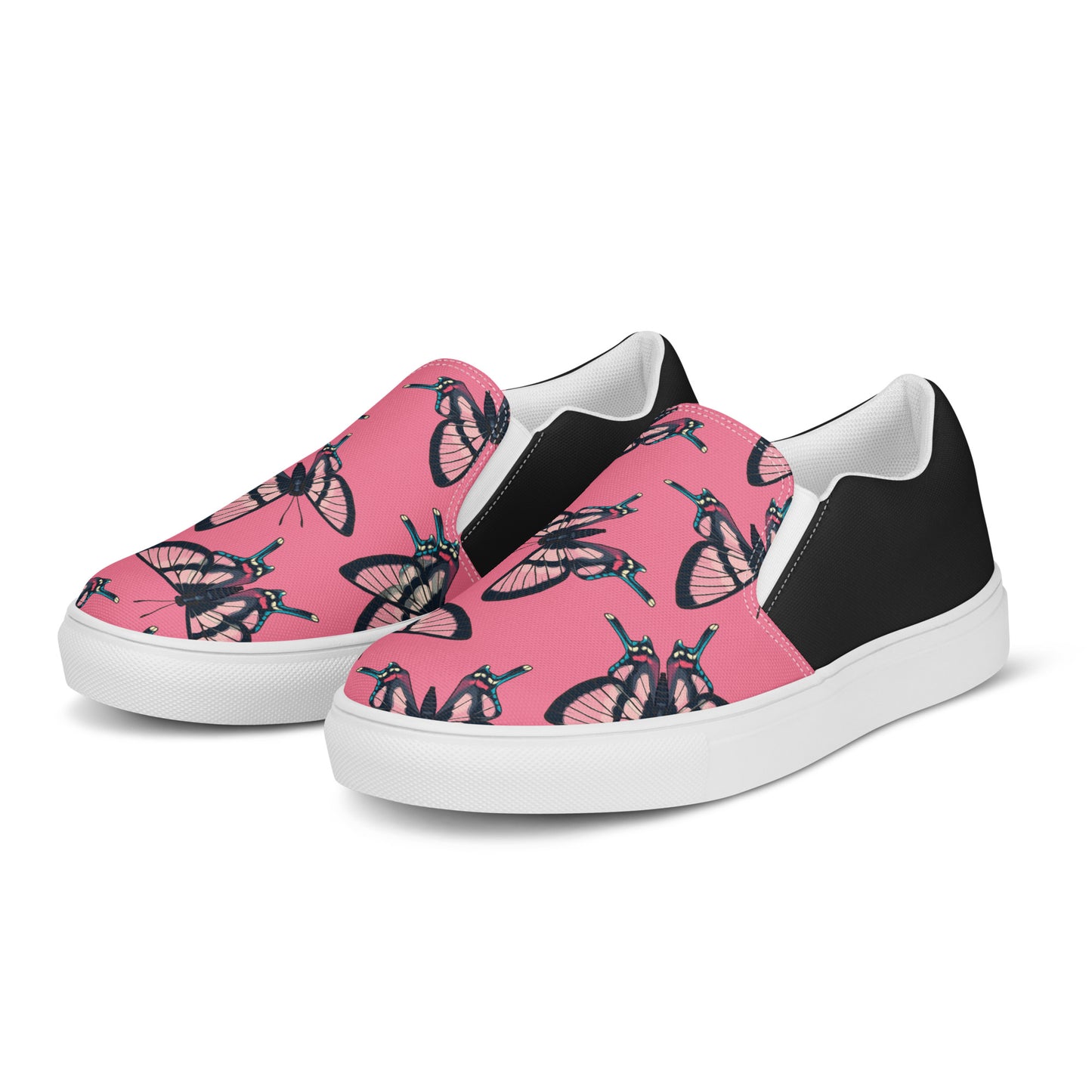 Eden Garden | Women’s Slip-on Canvas Shoes | Pink Black Butterflies Halftone