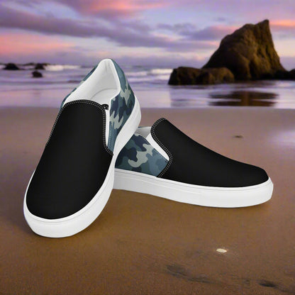 Women’s Slip-On Canvas Shoes Blue Grey Camo Two-Tone