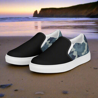 Women’s Slip-On Canvas Shoes Blue Grey Camo Two-Tone
