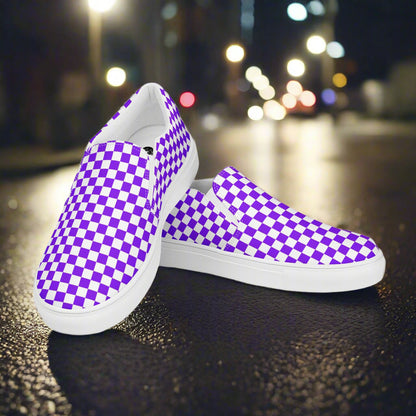 Women’s Custom Slip-On Canvas Shoes Purple and White Checkerboard Pattern