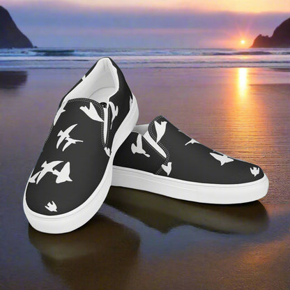 Women’s Black Slip-on Canvas Shoes with White Birds Animal Print