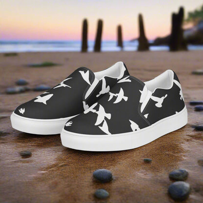 Women’s Black Slip-on Canvas Shoes with White Birds Animal Print