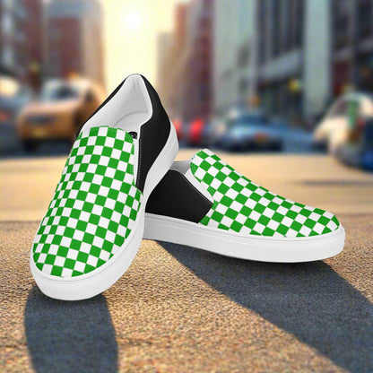 Women’s Slip-On Canvas Sneakers Green and White Checkered Halftone