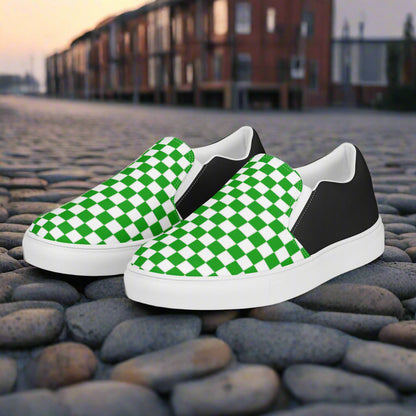 Women’s Slip-On Canvas Sneakers Green and White Checkered Halftone