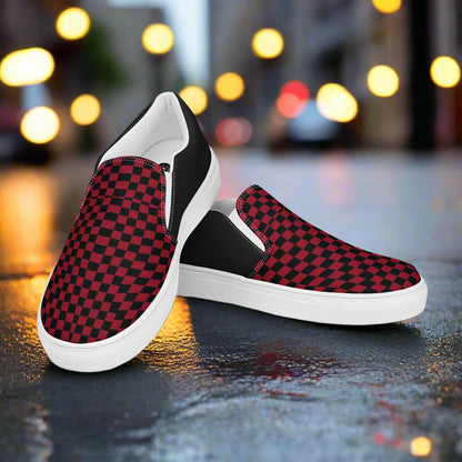 Women’s Custom Slip-On Canvas Shoes Black and Red Checkered Print - Halftone Pattern
