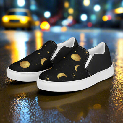 Women’s Custom Slip-on Canvas Sneakers Moon and Stars Print Halftone