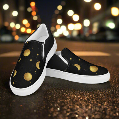 Women’s Custom Slip-on Canvas Sneakers Moon and Stars Print Halftone