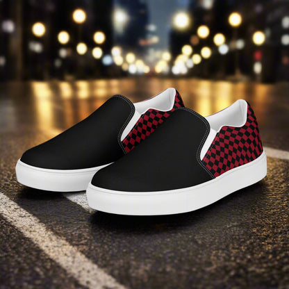 Women’s Custom Skater Style Slip-On Canvas Shoes Black and Red Checkered Two-Tone Pattern