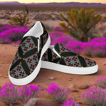 Southwest Print Women’s Slip-on Canvas Shoes Black, Silver and Red Geometric Pattern