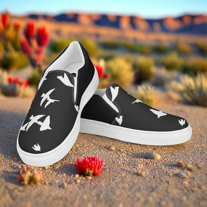 Black Women’s Slip-on Canvas Shoes with White Bird animal print Two-tone