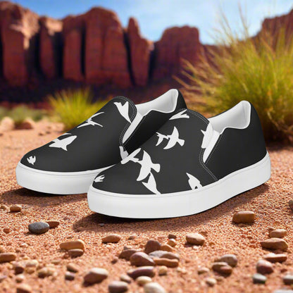 Black Women’s Slip-on Canvas Shoes with White Bird animal print Two-tone