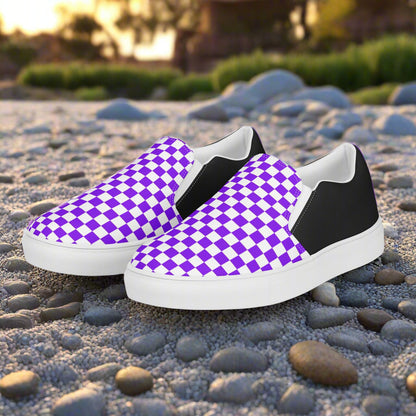 Purple on White Checkerboard Women’s Slip-On Canvas Sneakers