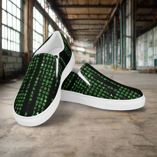 Women’s Custom Slip-On Canvas Shoes Green Matrix Print