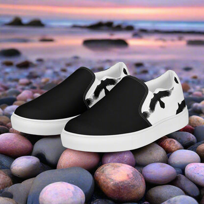 Women's Custom Slip-On Canvas Sneakers White With Black Ravens Animal Print Two Tone