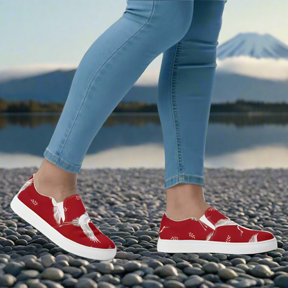 Women’s Custom, Asian Animal Print, Slip-on Canvas Shoes, Red Background with White Flying Cranes