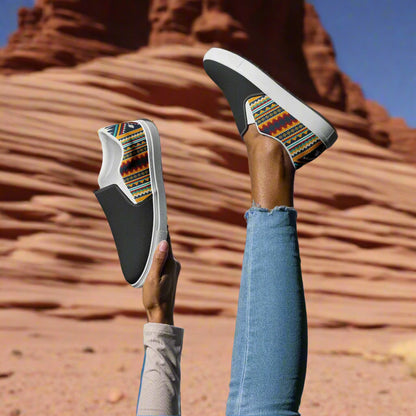 Women’s Southwest Print, Slip-on Canvas Shoes, Native American, Geometric Pattern, Nakona Two-Tone