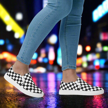 Women’s Custom Slip-on Canvas Shoes, Black Checkered Pattern on White Canvas