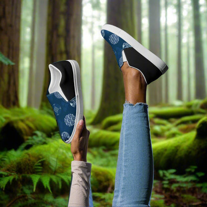 Women’s Custom Asian Print, Slip-on Canvas Shoes, Blue with White Pattern Japanese Seals, Two Tone
