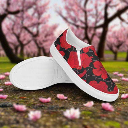 Women’s Custom Slip-on Canvas Shoes, Floral Print, Red Lily Pattern