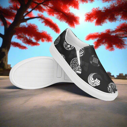 Women’s Custom Asian Print, Slip-on Canvas Shoes, Black with traditional Japanese Crests Pattern