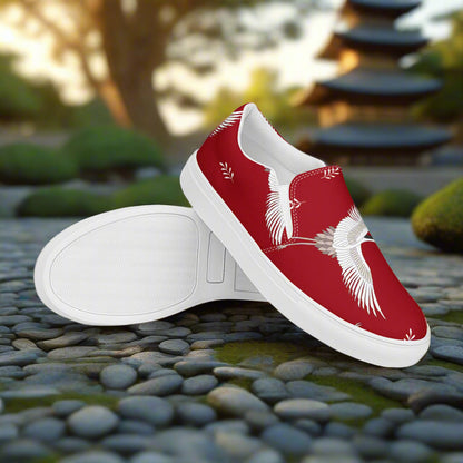 Women’s Custom, Asian Animal Print, Slip-on Canvas Shoes, Red Background with White Flying Cranes