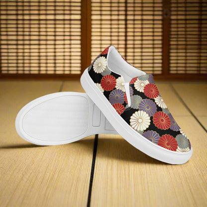 Women’s Asian Print, Slip-on Canvas Shoes, Japanese Floral Pattern Chrysanthemum Blossoms
