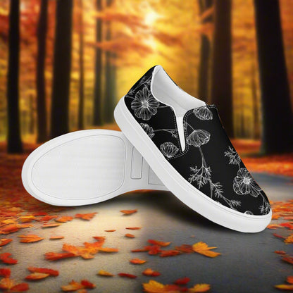 Women’s Custom Floral Print Slip-on Canvas Shoes Black with White Poppy