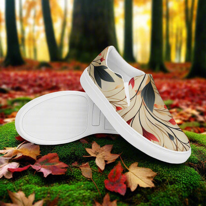 Women’s Custom Floral Print Slip-on Canvas Shoes, Orange, Black and Beige - Autumn Fire