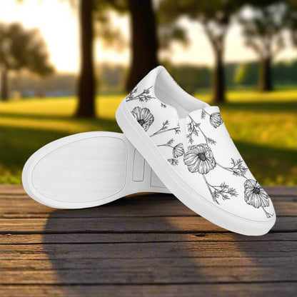 Women’s Floral Print, Slip-on Canvas Shoes, White with Black Poppy Pattern