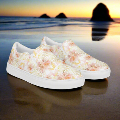 Women’s Slip-on Floral Print Canvas Shoes, Pink Peony